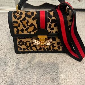Leopard Print Women's Bag with Red and Black Strap